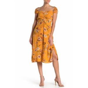 Row A Ruched Floral Mustard Midi Dress Size S NWT